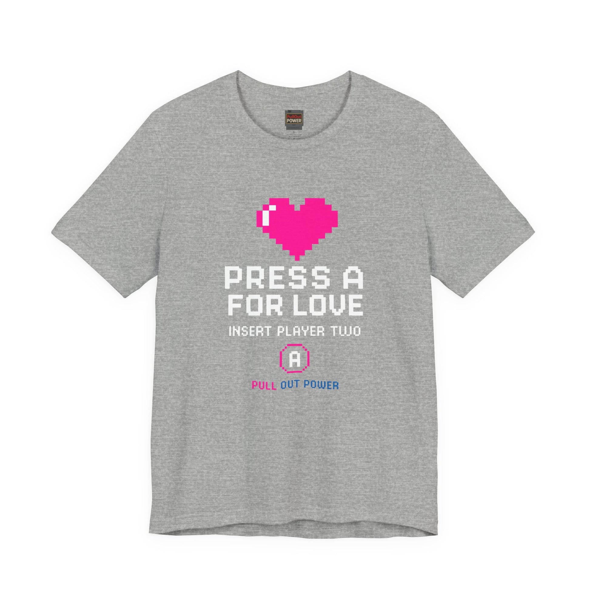 Pull Out Power Press A For Love retro gaming streetwear tee with neon cyberpunk design