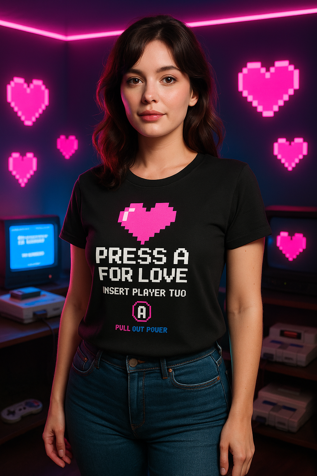 Pull Out Power Press A For Love retro gaming streetwear tee with neon cyberpunk design